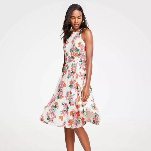 NWT Ann Taylor Halter Bow Back Flare Dress Size 14 floral - Picture 1 of 9